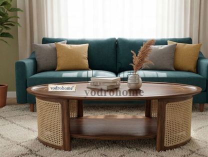 vodrohome Rattan Coffee Table – cane center table with shelf for storage – bohemian solid Sheesham wood coffee table for office and living room C#062