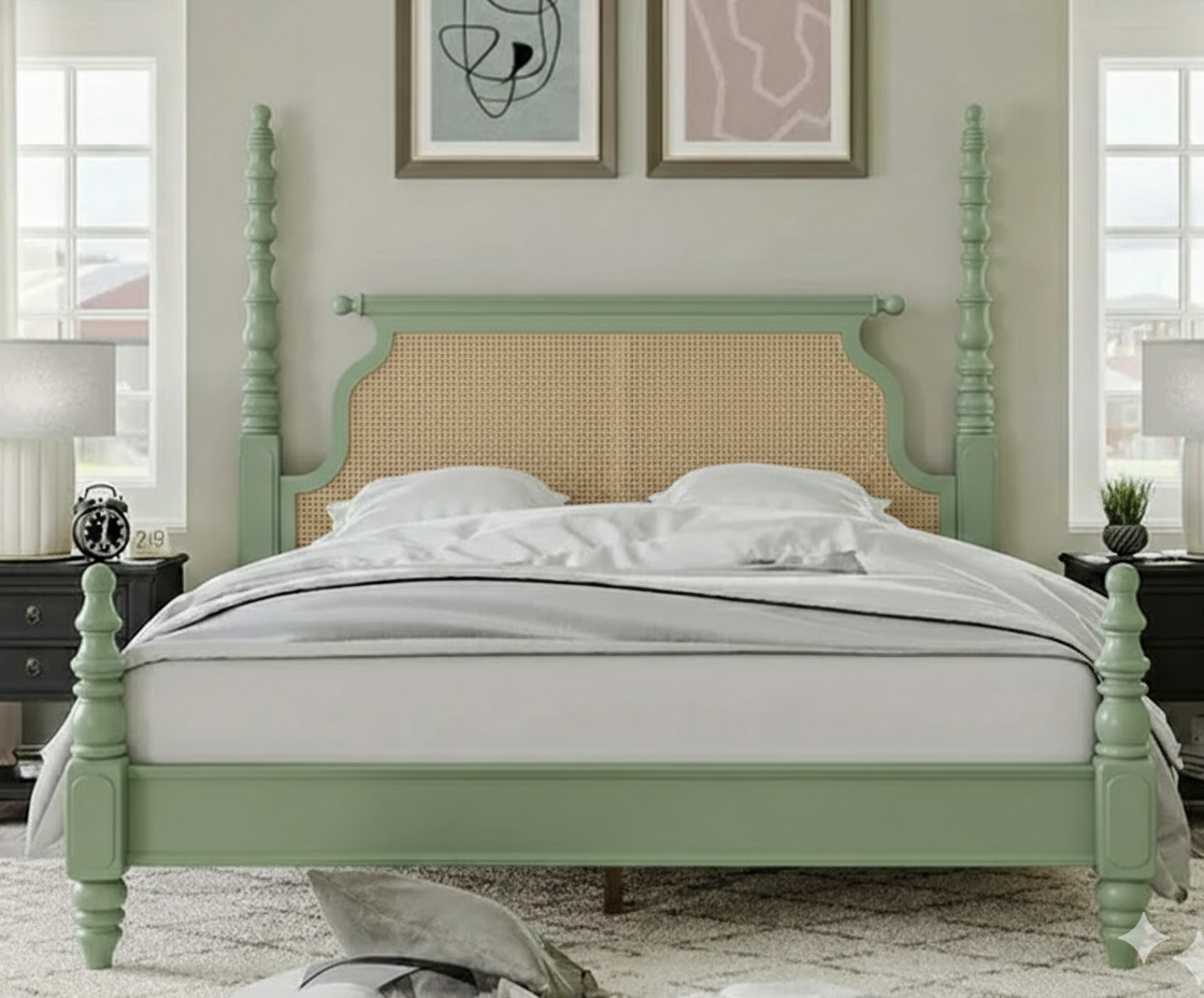 vodrohome Ashley Solid Wood Rattan Poster Bed With Carving B#020