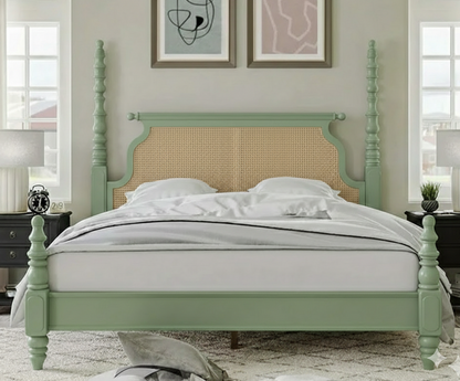 vodrohome Ashley Solid Wood Rattan Poster Bed With Carving B#020
