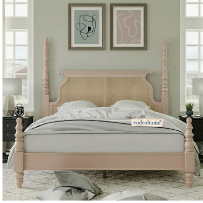 vodrohome Ashley Solid Wood Rattan Poster Bed With Carving B#020