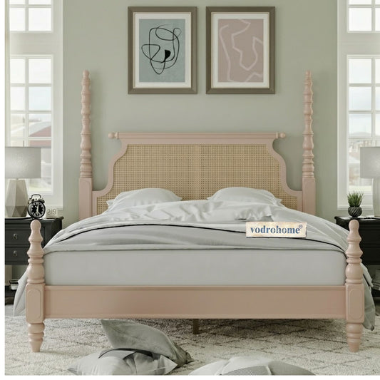 vodrohome Ashley Solid Wood Rattan Poster Bed With Carving B#020