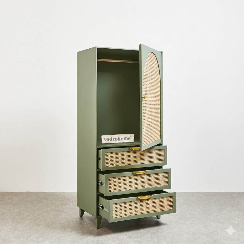 vodrohome Bue Sage Green Mango Wood & Rattan wardrobe with separate hanging space - Hawamahal collection almirah with soft closure drawer 75 W x 55 D x 170 H cm AB#001