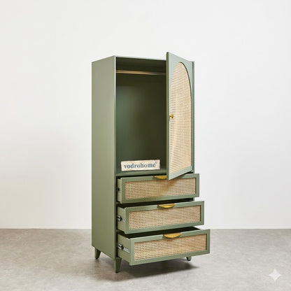 vodrohome Bue Sage Green Mango Wood & Rattan wardrobe with separate hanging space - Hawamahal collection almirah with soft closure drawer 75 W x 55 D x 170 H cm AB#001