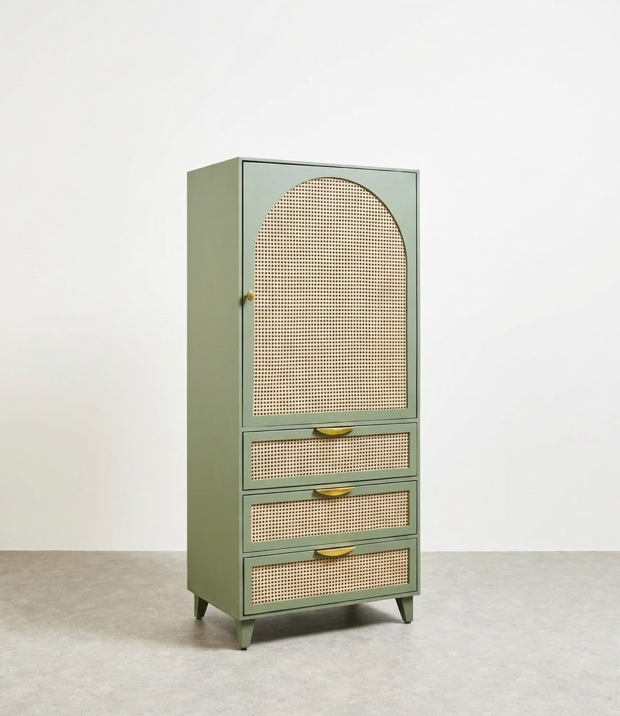 vodrohome Bue Sage Green Mango Wood & Rattan wardrobe with separate hanging space - Hawamahal collection almirah with soft closure drawer 75 W x 55 D x 170 H cm AB#001