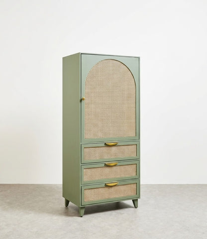 vodrohome Bue Sage Green Mango Wood & Rattan wardrobe with separate hanging space - Hawamahal collection almirah with soft closure drawer 75 W x 55 D x 170 H cm AB#001