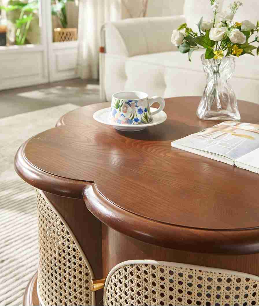 vodrohome Designer Solid Wood & Rattan Round Modern Pedestal Coffee Table with Hidden Storage Unique irregular cocktail tables C#084