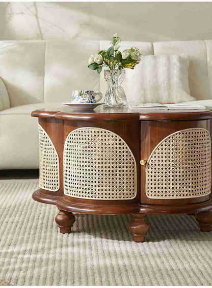 vodrohome Designer Solid Wood & Rattan Round Modern Pedestal Coffee Table with Hidden Storage Unique irregular cocktail tables C#084