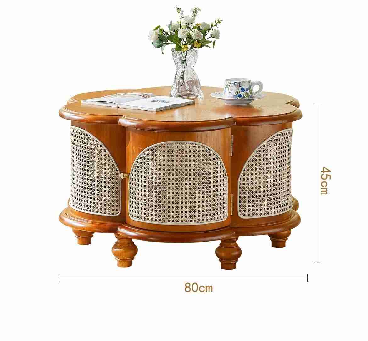 vodrohome Designer Solid Wood & Rattan Round Modern Pedestal Coffee Table with Hidden Storage Unique irregular cocktail tables C#084
