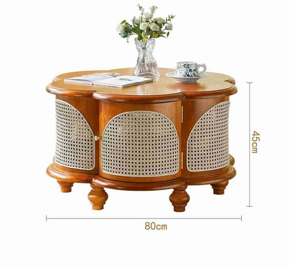 vodrohome Designer Solid Wood & Rattan Round Modern Pedestal Coffee Table with Hidden Storage Unique irregular cocktail tables C#084
