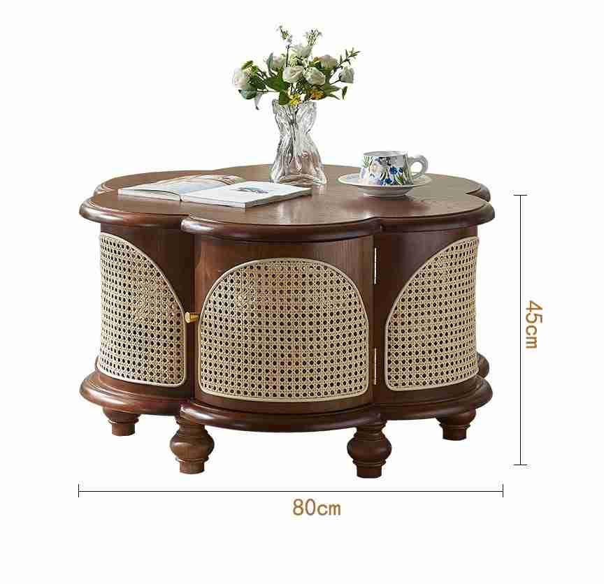 vodrohome Designer Solid Wood & Rattan Round Modern Pedestal Coffee Table with Hidden Storage Unique irregular cocktail tables C#084