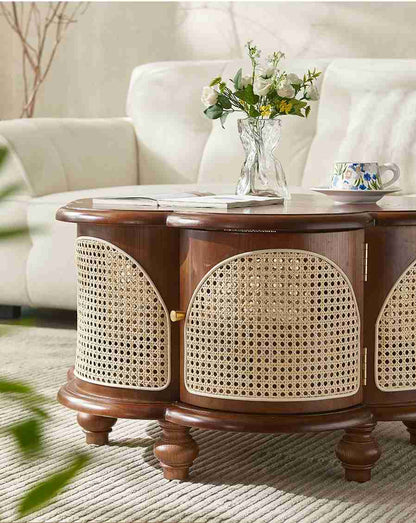 vodrohome Designer Solid Wood & Rattan Round Modern Pedestal Coffee Table with Hidden Storage Unique irregular cocktail tables C#084