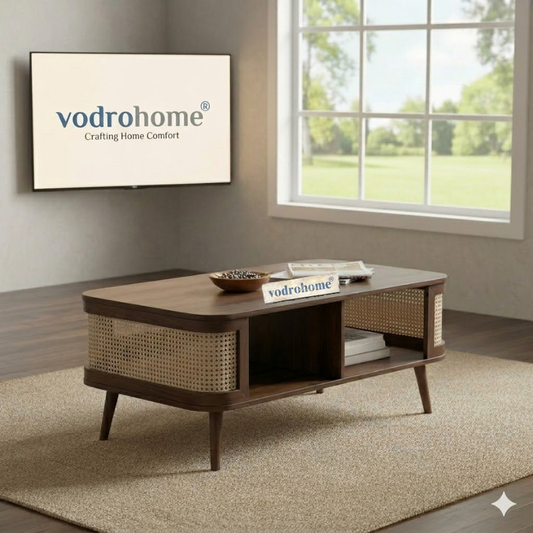vodrohome Rattan Coffee Table With storage – cane center table with shelf for storage – bohemian solid mango wood coffee table for office and living room C#061