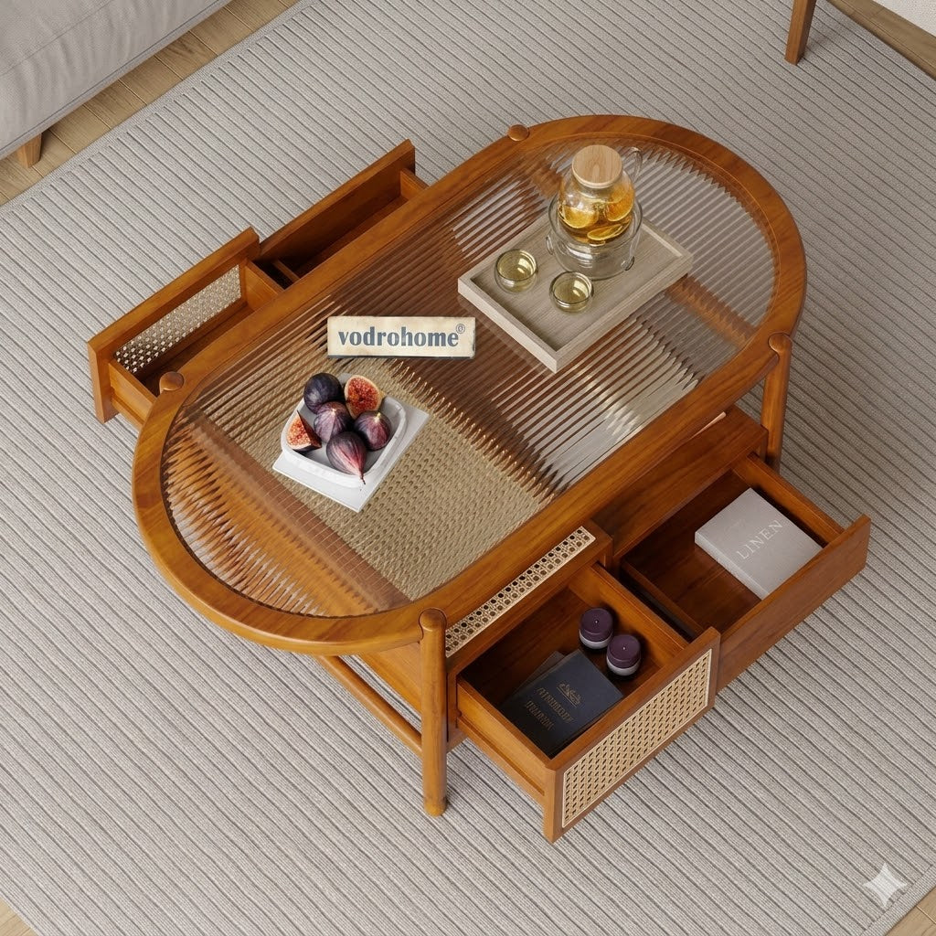 vodrohome Rattan Coffee Table – cane center table with storage drawer and fluted glass – bohemian solid Acacia wood coffee table for office and living room C#086