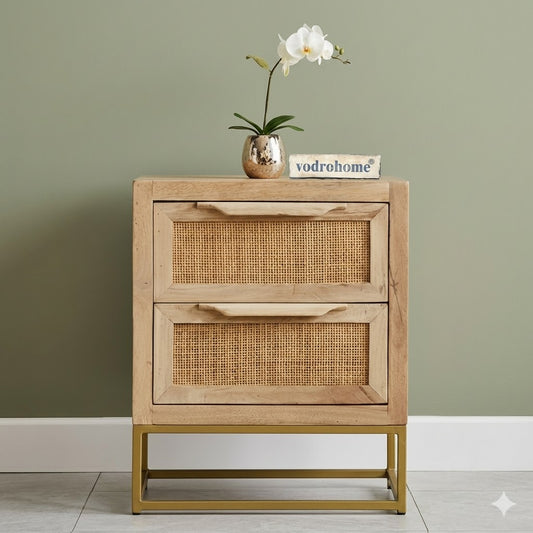 Vodrohome solid mango wood webbed bedside table with two drawers – classic design night stand with iron base 45x35x56 cm S#016