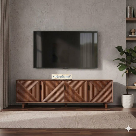 vodrohome luxury tv unit cabinet with geometrical design– solid sheesham wood tvc– tv consol table with set up box shelf  TV#014