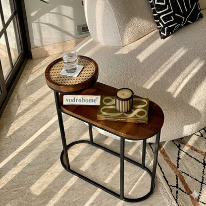 Vodrohome charcoal rattan cane side table with glass top and shelf – bohemian solid mango wood cane iron sofa side end two tier table office and living room S#046