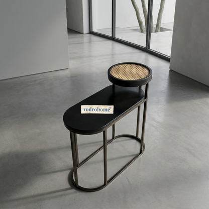 Vodrohome charcoal rattan cane side table with glass top and shelf – bohemian solid mango wood cane iron sofa side end two tier table office and living room S#046