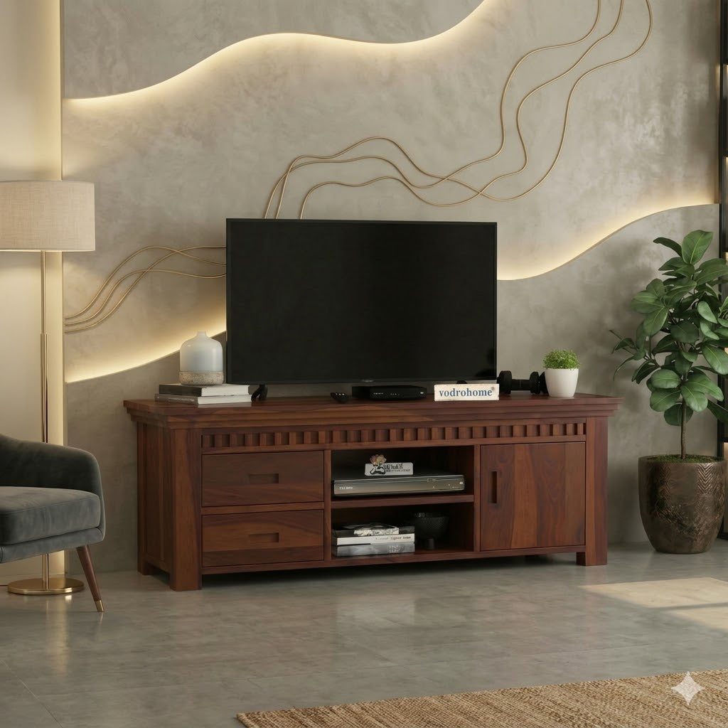 vodrohome jodhpur tv unit cabinet with slatted door compartment– solid sheesham wood tvc – tv consol table with set up box shelf 147 x 45 x 53 cm  TV#022