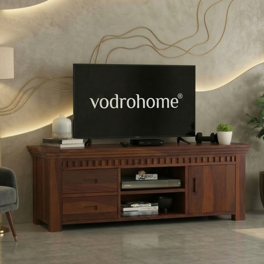 vodrohome jodhpur tv unit cabinet with slatted door compartment– solid sheesham wood tvc – tv consol table with set up box shelf 147 x 45 x 53 cm  TV#022