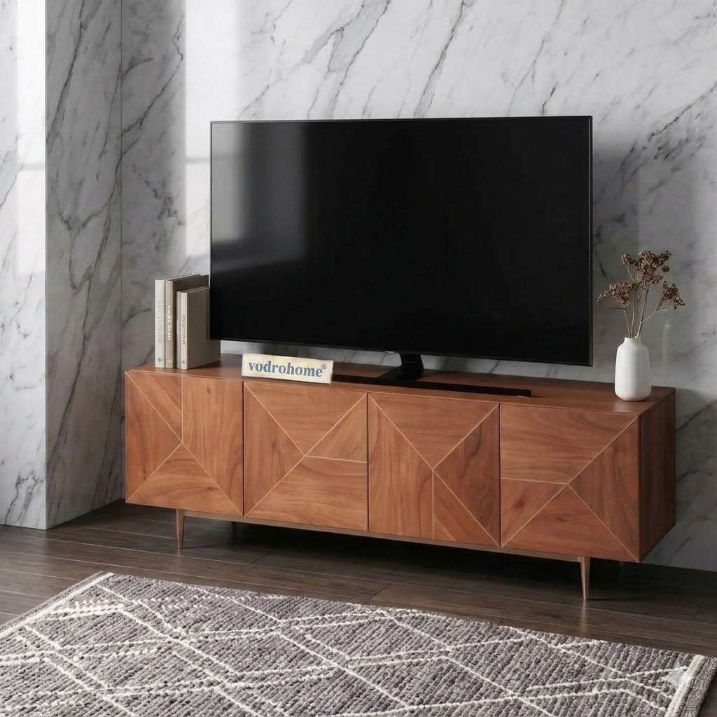 vodrohome luxury tv unit cabinet with geometrical design– solid  Acacia wood tvc with iron base – tv consol table with set up box shelf  TV#031