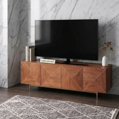 vodrohome luxury tv unit cabinet with geometrical design– solid  Acacia wood tvc with iron base – tv consol table with set up box shelf  TV#031