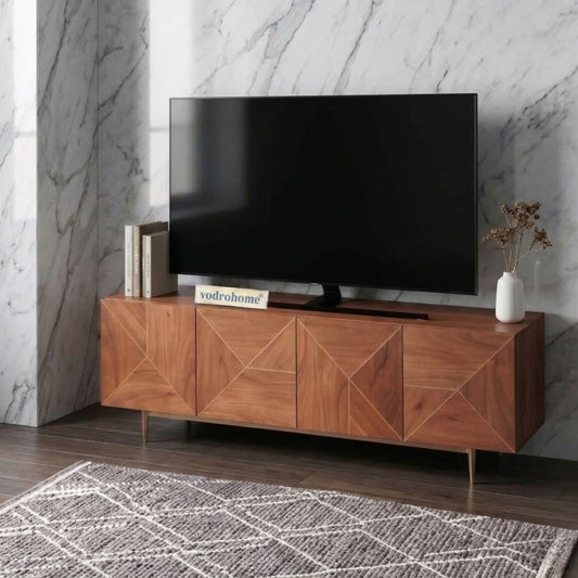 vodrohome luxury tv unit cabinet with geometrical design– solid  Acacia wood tvc with iron base – tv consol table with set up box shelf  TV#031