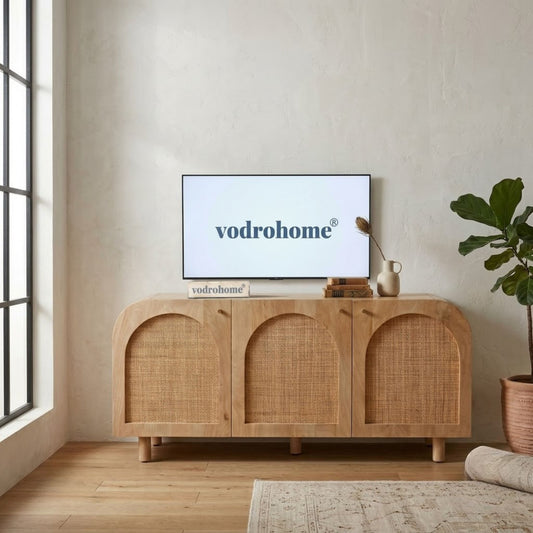 vodrohome mango wood rattan cane Tv unit consol – Hawamahal collection cane side board  - natural cane tv cabinet 145 x 45 x 65 cm  TV#032