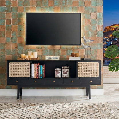 vodrohome marwar cane tv unit cabinet – solid mango wood tvc with sliding Doors – tv consol table with set up box storage TV#011
