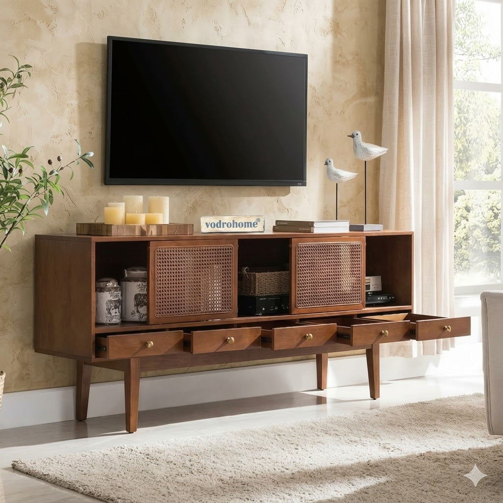vodrohome marwar cane tv unit cabinet – solid mango wood tvc with sliding Doors – tv consol table with set up box storage TV#011
