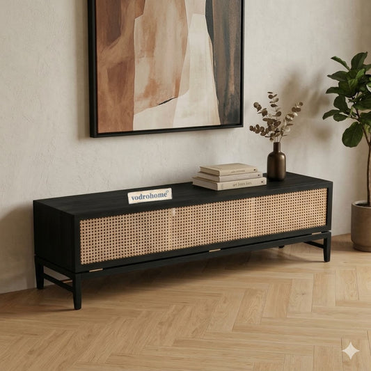 vodrohome modern tv unit cabinet finish – solid mango wood tvc with Flip-Up Door and 3 compartments – tv consol table with set up box shelf  TV#012