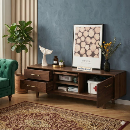 vodrohome modern tv unit cabinet walnut finish – solid acacia wood tvc with Flip-Up Doors – tv consol table with set up box shelf  TV#010