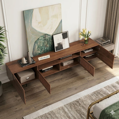 vodrohome modern tv unit cabinet with 7 compartments – solid acacia wood tvc in walnut finish – tv consol table with set up box shelf  TV#007