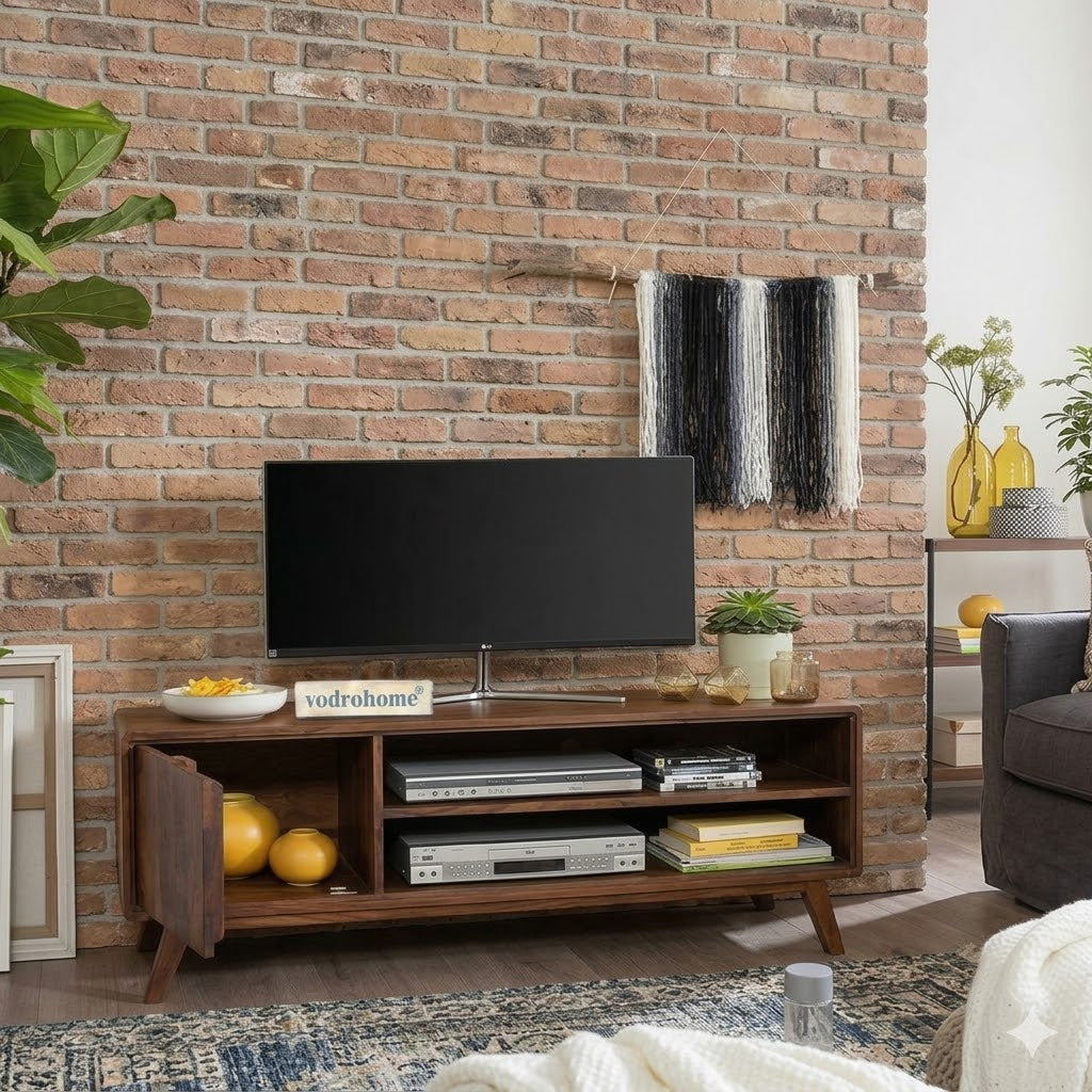 vodrohome modern tv unit with cabinet and set up box shelf – solid sheesham wood tvc in honey finish 134x45x55 cm TV#004