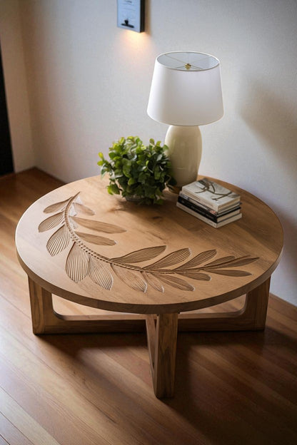 vodrohome® olive curve table - leaf carved center table showpiece bohemian style hand engraved tea table with Matte natural oak finish C#081