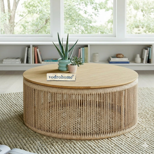 vodrohome rattan coffee table – jute weaving center table in natural finish – bohemian solid mango wood coffee table for office and living room C#064