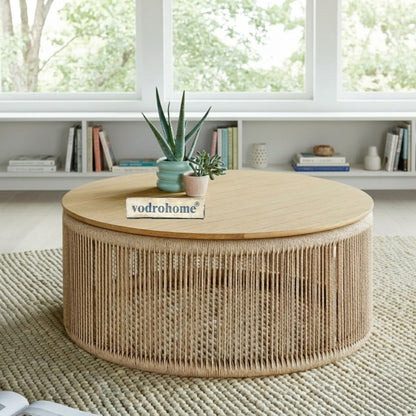 vodrohome rattan coffee table – jute weaving center table in natural finish – bohemian solid mango wood coffee table for office and living room C#064