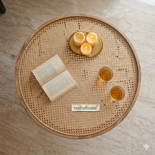 vodrohome cane solid wood coffee table - rattan round centre table– mango ideal tea table for living rooms C#029
