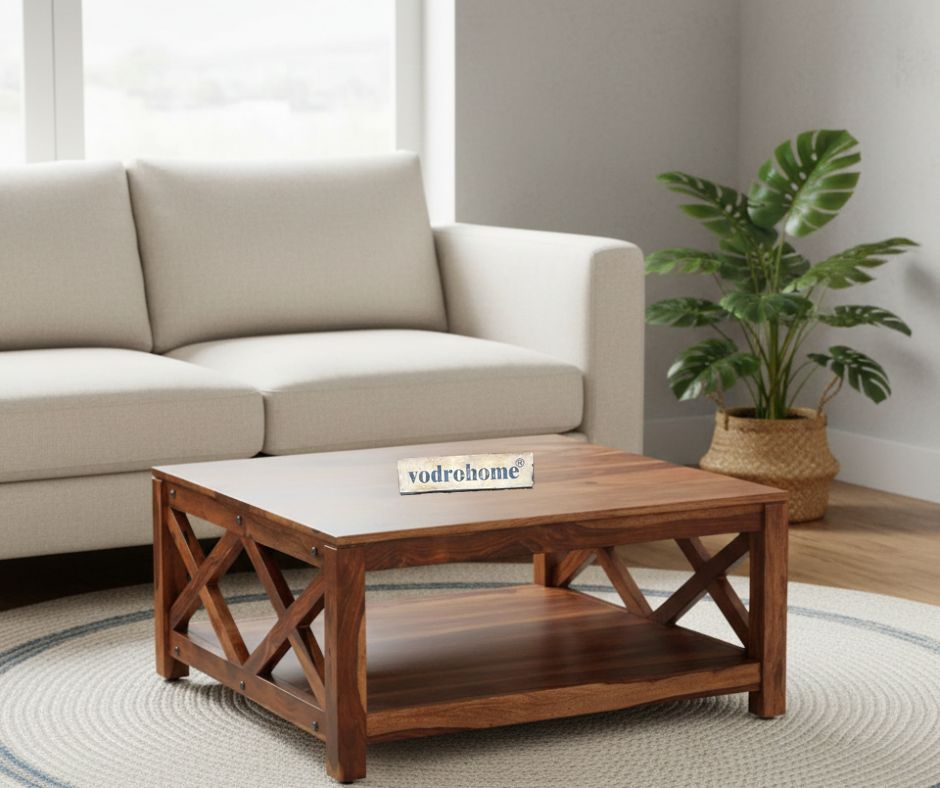 vodrohome Solid Sheesham Wood Wooden Coffee Table Centre Table for Living Room | Teapoy Center Table for Home (Teak Finish) C#007
