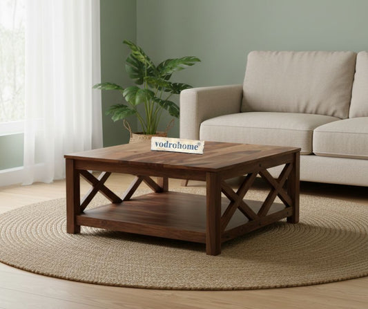 vodrohome Solid Sheesham Wood Wooden Coffee Table Centre Table for Living Room | Teapoy Center Table for Home (Teak Finish) C#007
