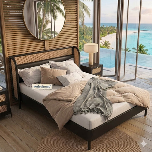 vodrohome sheesham wood vintage luxury standard rattan cane bed B#023