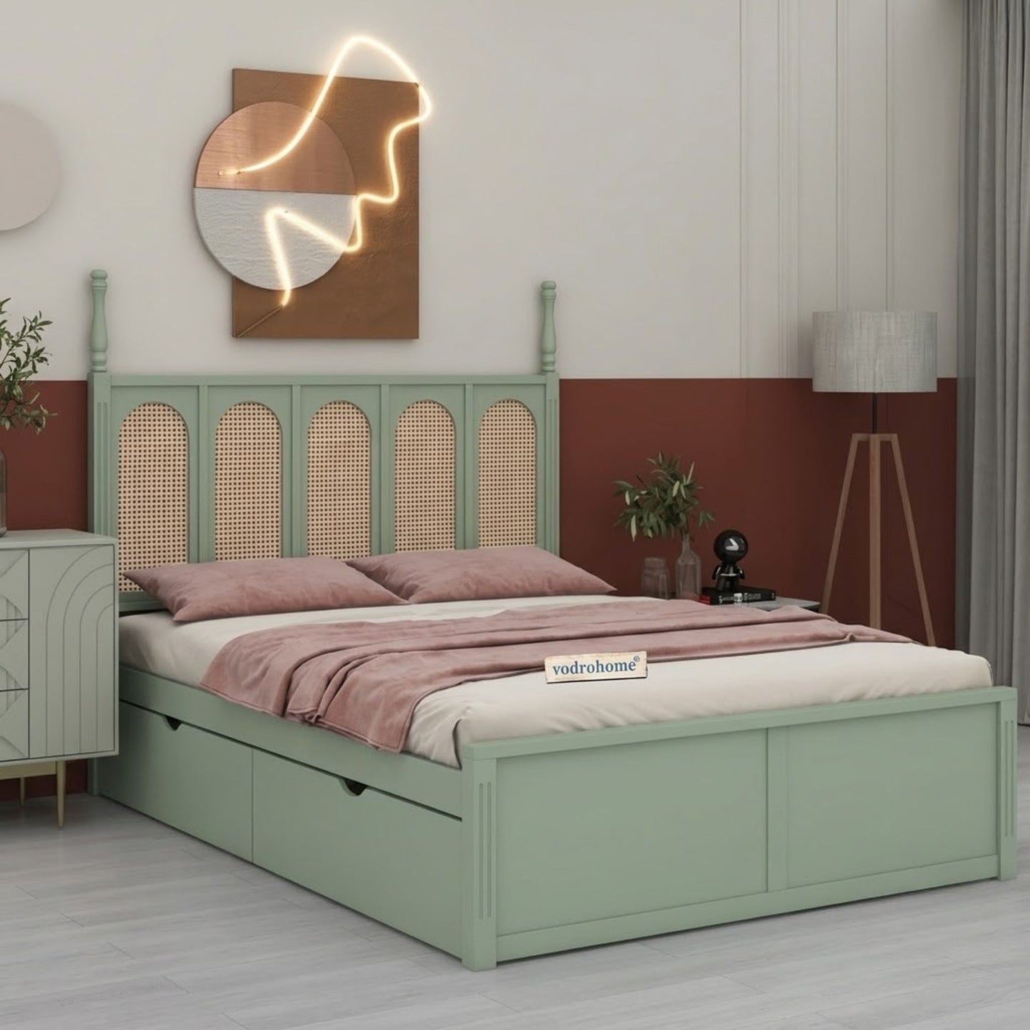 vodrohome sisley rattan bed with drawer storage – mango wood rattan cane bed bohemian style B#022