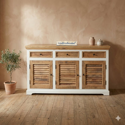 vodrohome solid mango wood side board with three drawers and 3 doors rough finish – white wave dua tone sideboard 180x40x70 cm  SB#002