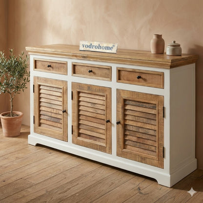 vodrohome solid mango wood side board with three drawers and 3 doors rough finish – white wave dua tone sideboard 180x40x70 cm  SB#002