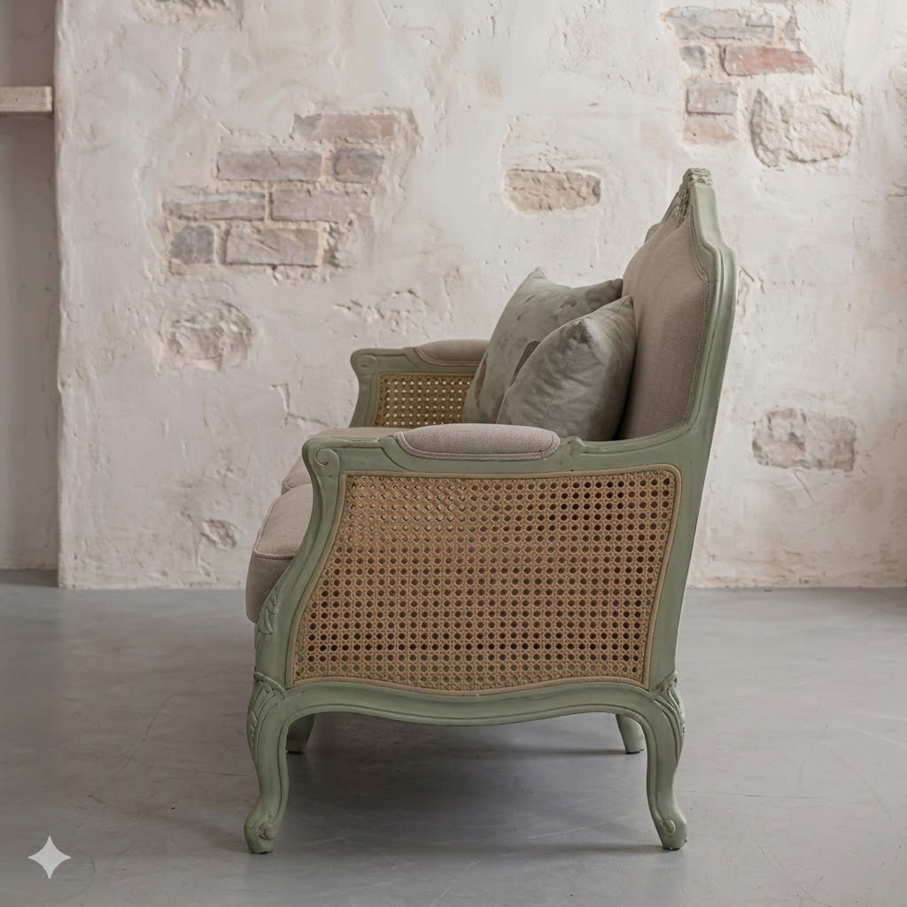 vodrohome three seater rattan cane sofa with wooden frame sage green finish-summer garden sofa SO#009