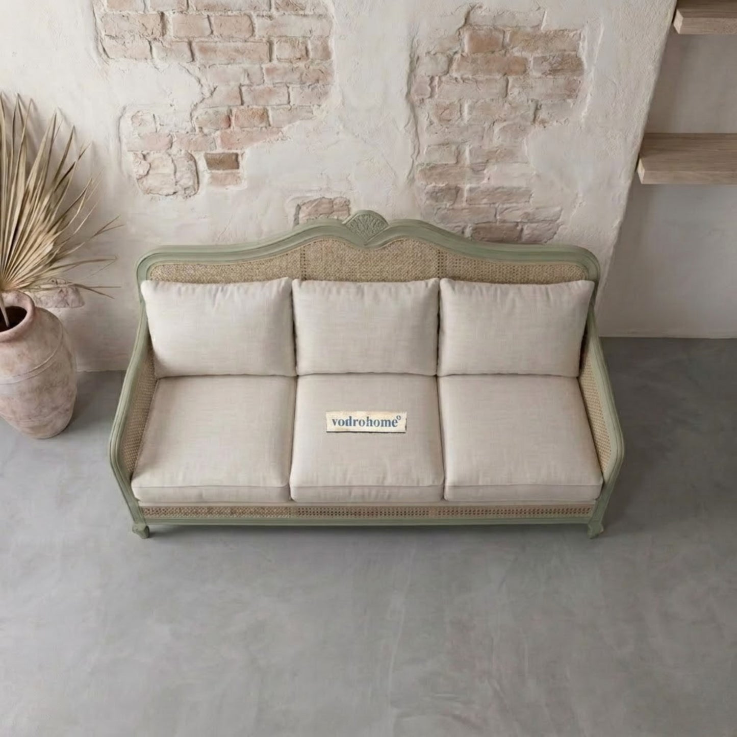 vodrohome three seater rattan cane sofa with wooden frame sage green finish-summer garden sofa SO#009