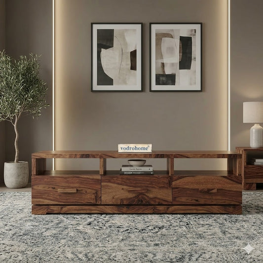 vodrohome tv unit cabinet with 3 drawers – solid sheesham wood entertainment unit - tv consol table with open set up box shelf 175 x 41 x 43 cm  TV#018
