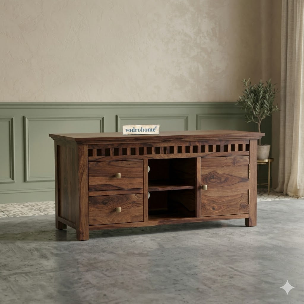 vodrohome tv unit cabinet with slatted door compartment walnut – solid sheesham wood tvc – tv consol table with set up box shelf 113 x 45 x 53 cm  TV#021