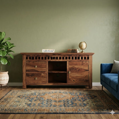 vodrohome tv unit cabinet with slatted door compartment walnut – solid sheesham wood tvc – tv consol table with set up box shelf 113 x 45 x 53 cm  TV#021