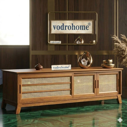 vodrohome tv unit cabinet with sliding door compartment walnut – solid mango wood tvc – tv consol table in modern style cm TV#020