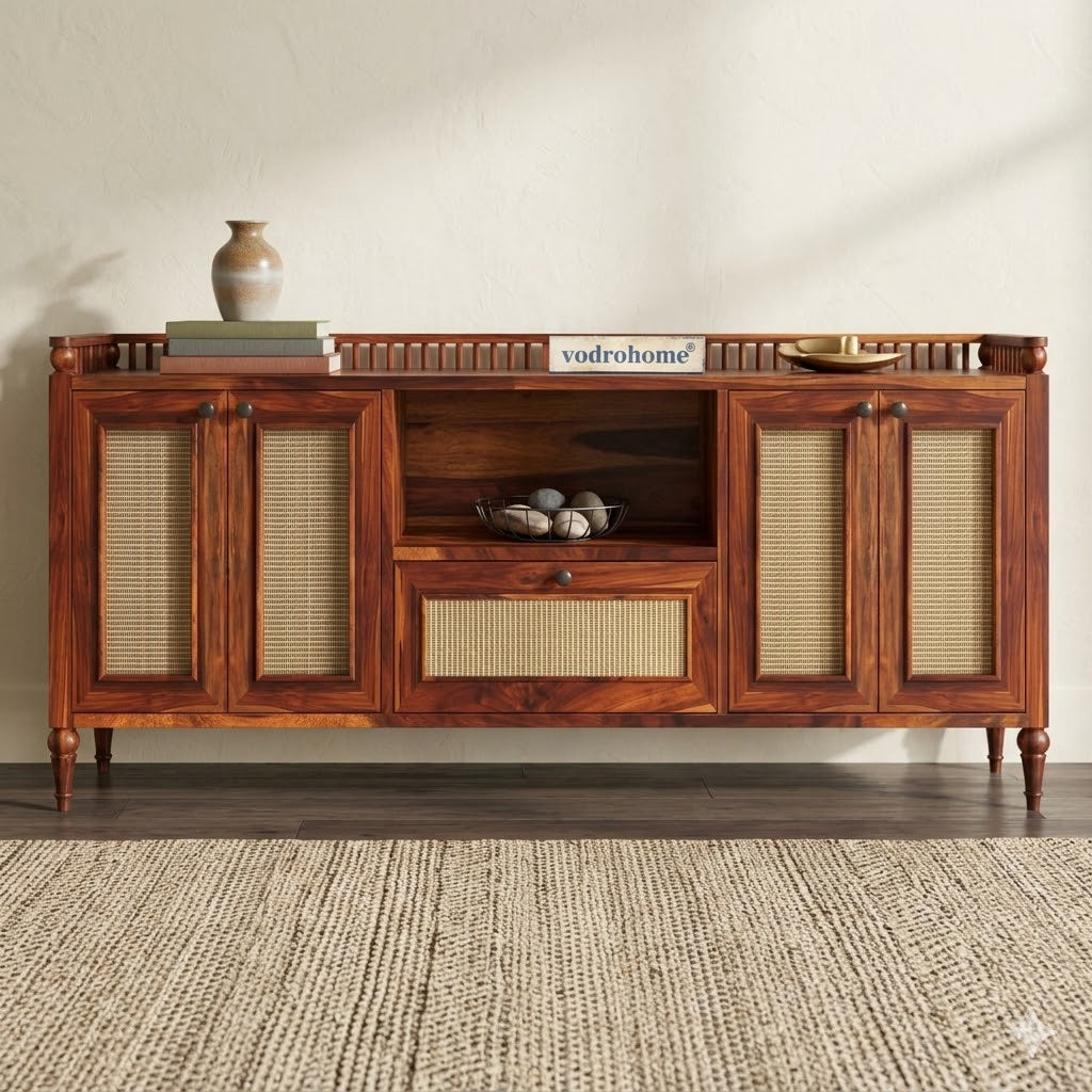 vodrohome jaipur style tv unit cabinet with slatted door multi compartments– solid sheesham wood tvc honey finish – luxurious tv consol table with set up box shelf 147 x 45 x 53 cm  TV#023